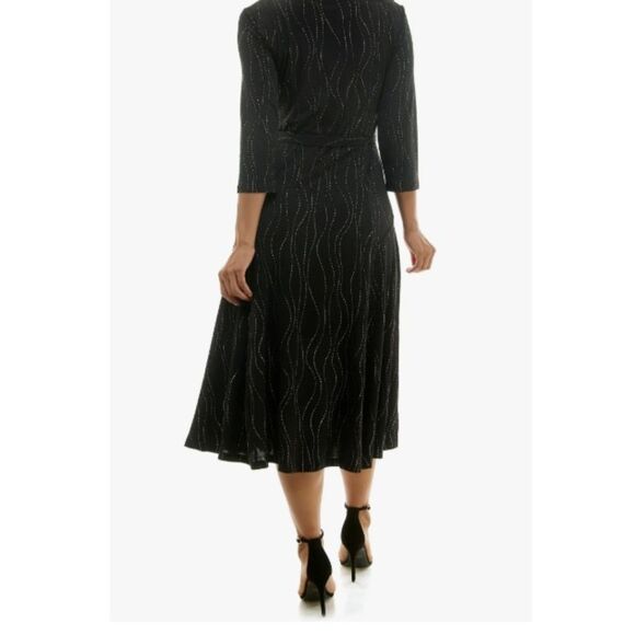 Black and Gold Tie Waist A-Line Midi Dress - Picture 3 of 3